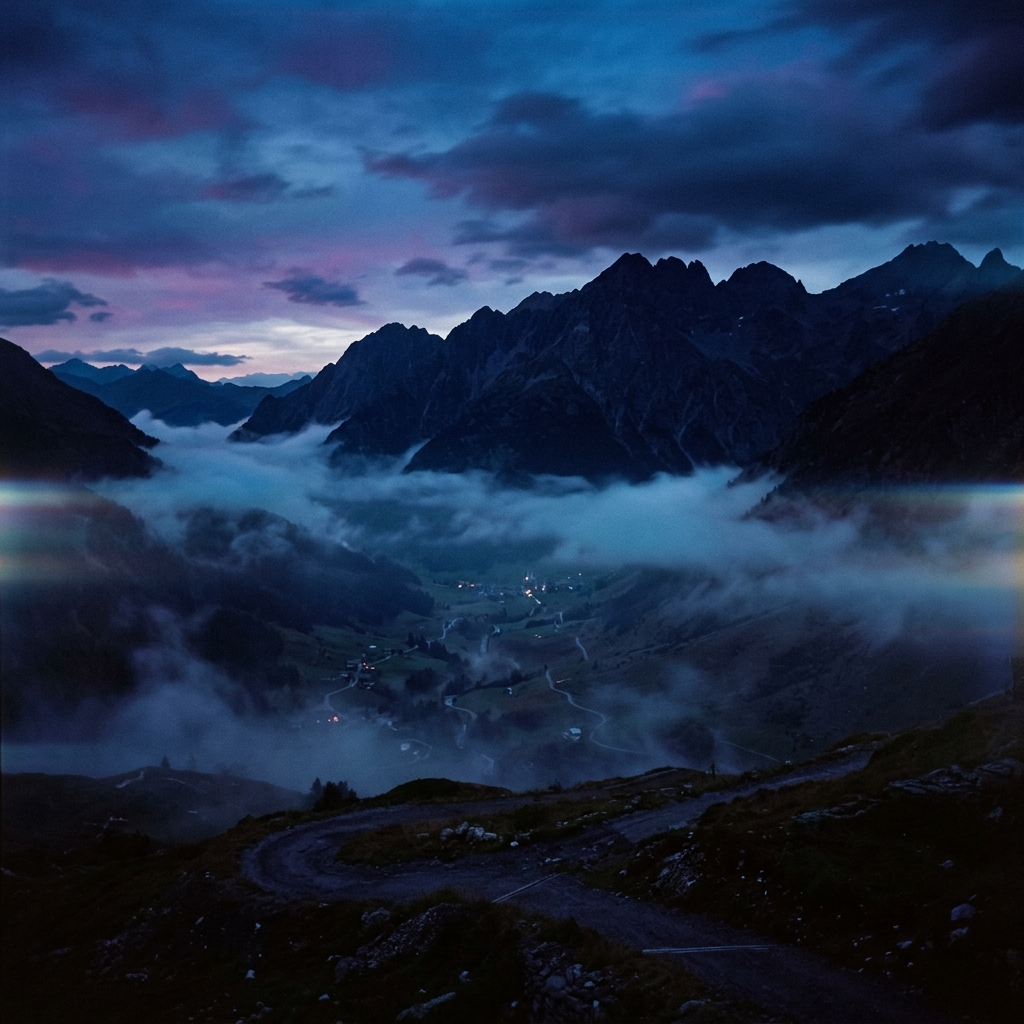Mountain valley at blue hour