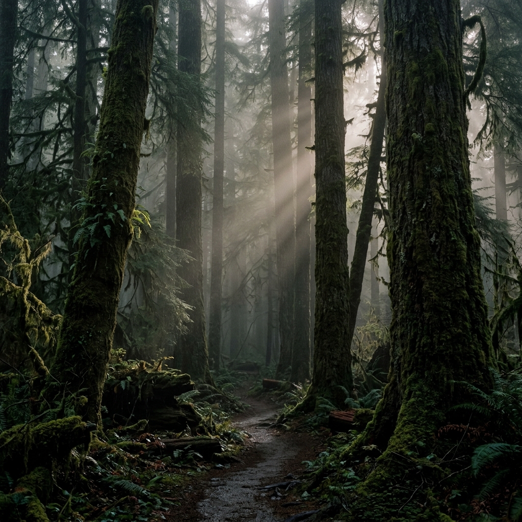 Misty pine forest at dawn