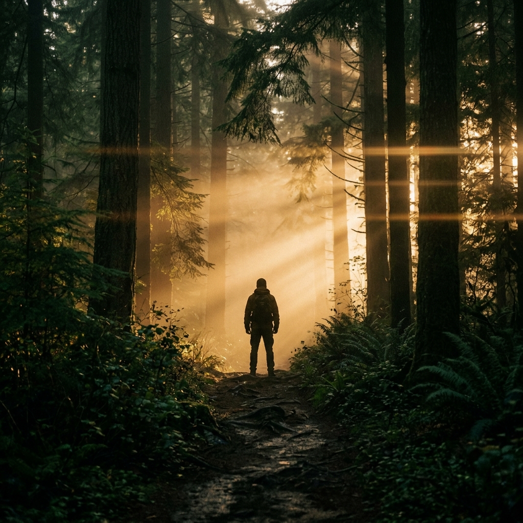 Cinematic portrait in misty forest